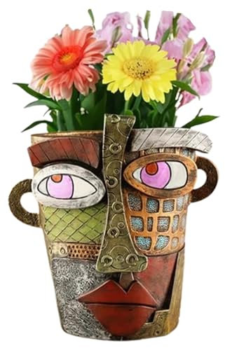 Pot de fleurs unique en forme de visage abstrait Picasso Brutaliste - Pot de fleurs coloré en résine pour intérieur et extérieur - Décoration de chambre amusante (rétro grand)