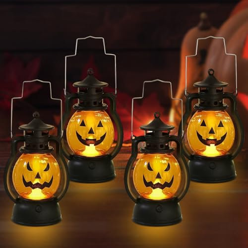 GAROMIA Halloween Kürbis Deko 4 Halloween Laterne Herbst Dekoration Kürbis Laterne Kürbislaterne Halloween Deko Innen Outdoor Halloween Vintage Kürbis Led für Halloween Weihnachten Tischdeko