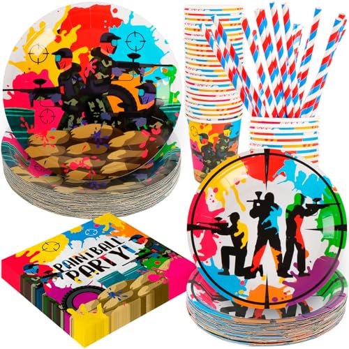 BOIKOKY 120 Pièces Décorations de Fête d'Anniversaire sur le Thème de Paintball, Fournitures de Fête sur le Thème de Paintball, Vaisselle Jetable | Pour 24