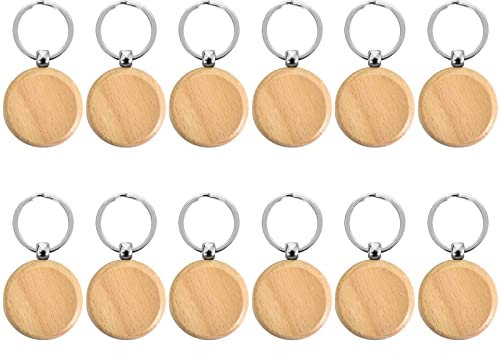 Dokeno 12 Pièces Porte-Clés en Bois Vierge Porte Clés Ronds en Bois Naturel pour Bricolage Personnalisé Porte Clés en Bois avec Anneau pour Sculpture Peinture Décoration Cadeaux