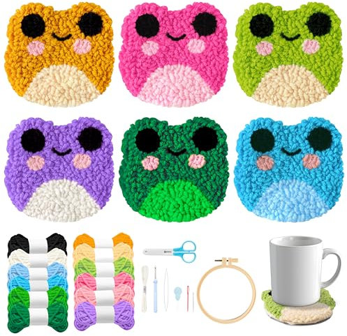 WATINC 22 Stück Craft Punch Needle Untersetzer Kit Frosch DIY Bastelpackung Punch Needle Set Stickerei Starter kit Easy Embroidery Coaster Art and Crafts Needle Coaster für Anfänger