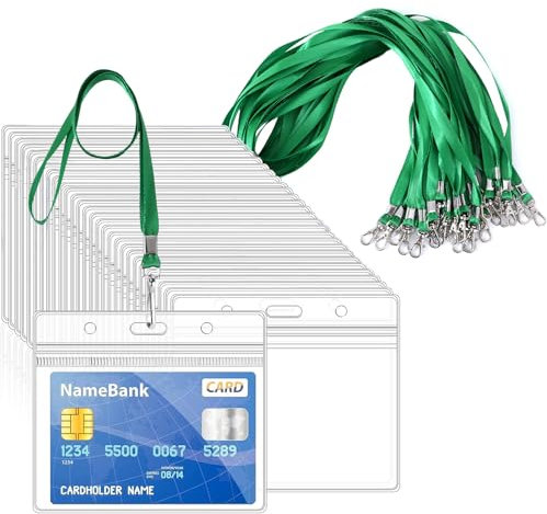 50 cordini verdi per collo con 50 porta carte, porta carte d'identità in plastica trasparente e cordino, sigillabili orizzontali, impermeabili, porta badge con cordino per carte d'identità, ufficio,