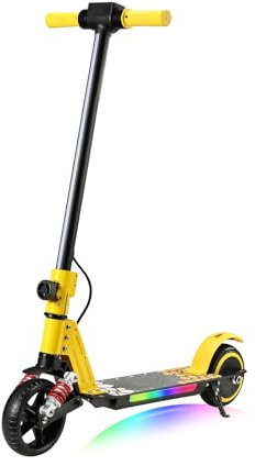 KHHK Elektroroller für Kinder von 6-14 Jahren, Faltbarer E-Scooter mit 130W Motor, max. Geschwindigkeit 14 km/h, Reichweite 5-8 km, doppelte Stoßdämpfer, doppeltes Sicherheitsbremssystem (Gelb)