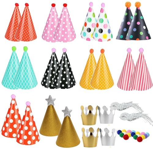 S.F.Pachira 24 cappelli a cono per feste di compleanno, carta con pompon, graziosi cappelli a corona per compleanno, Natale, Halloween, Capodanno, decorazioni per feste per bambini, adulti, animali