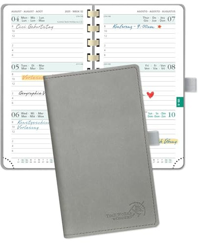 POPRUN Taschenkalender 2025 2026 Klein 16,5 x 9 cm (Aug.2025-Dez.2026) - Kalender 2025 2026 Klein Ringbuch mit Softcover - Terminplaner, Planer 1 Woche 2 Seite mit Kartenschlitz - Grau
