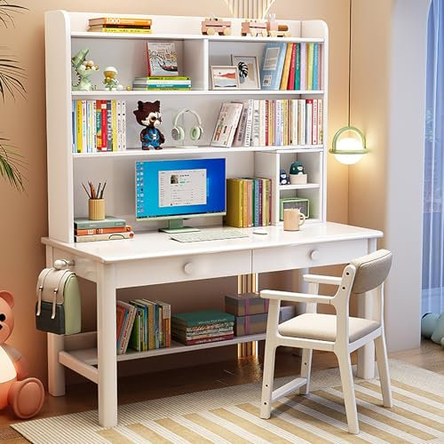Nileco Schreibtisch Aus Massivholz mit Schubladen Und Ablage, Bürotisch-Arbeitsplatz, Platzsparendes Design, Pc-laptoptisch, Computertisch Zum Arbeiten und Lernen(100x60x190cm(39x24x75in), White)