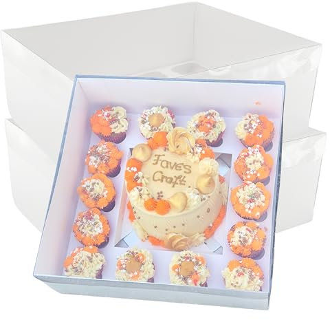FAVES' CRAFT N MORE 15 Hole Bento Cake Box Cupcake and Cake Box Set, 14 Cupcake Holes, 8 inch Wide Cake Hole, Square White, Clear Lid For Carrying and Packaging Birthday Cakes, Christmas (1)