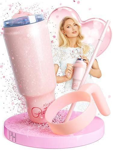 Paris Hilton – pinke Edelstahl Trinkflasche mit Kunststoffgriff und Strohhalm – 1,1 L, Doppelwandig Isoliert, Abnehmbarer Griff