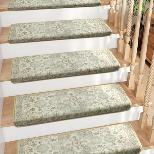 Brakki Peldaños de escalera redondeados para peldaños de madera, alfombra antideslizante para interiores y mascotas, protectores de escalera de borde suave, reutilizables, lavables, 29.5 x 9.5 x 1.5