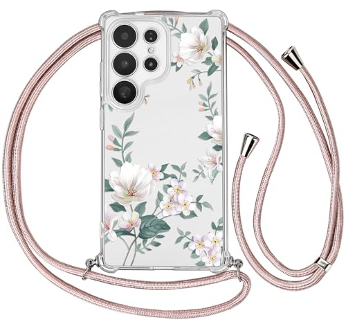 Ciciber Ttusy Handykette Hülle für Samsung Galaxy S23 Ultra mit Band, Durchsichtig Muster Blumen Case Weiches Silikon Schutzhülle mit Kordel zum Umhängen Necklace HandyHülle für Samsung S23 Ultra, 03