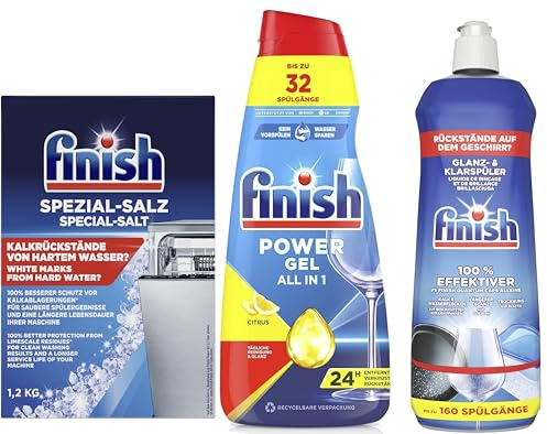 Finish Spülset: Power Gel Citrus 650ml + Glanz- & Klarspüler XL 800ml + Spezialsalz 1,2kg – Kraftvolle Reinigung, strahlender Glanz, optimaler Kalkschutz für Ihr Geschirr – für perfekte Spülergebnisse