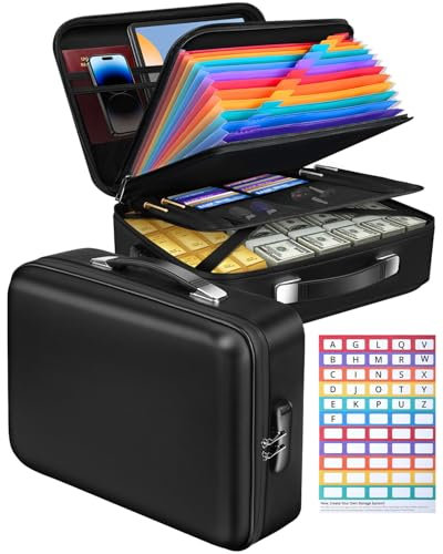 Feuerfeste Dokumentenbox – Hartschalen Dokumenten Organizer mit Zahlenschloss & 13 Fächern, Tragbar Wasserdicht Feuerfeste Dokumententasche für Wichtige A4-Dateien, Zertifikate, Laptop & Reisepässe