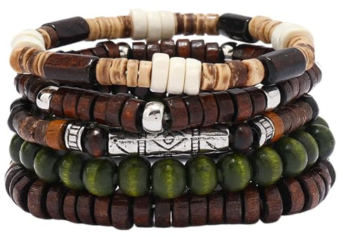 EGOINA Holzperlen Armband 8mm Multi-Layered Stretch Armband für Herren und Damen elastische 5pcs (A-08)