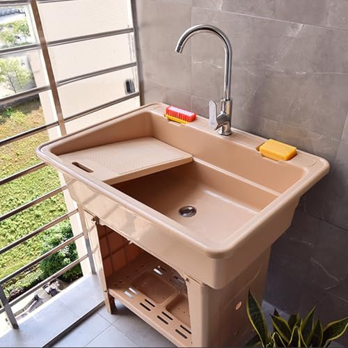 Lavello da Esterno Autoportante,Lavabo da Esterno in Plastica,Mobile Lavandino Lavanderia,Portatile Lavelli di Utilità con Rubinetto e Tubo Flessibile,per Cucina,Campeggio,Giardino(Coffee color,80x58x