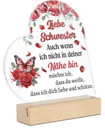 Putuo Decor Herzform Acryl Tischdeko Schild für Schwester – Auch wenn ich nicht in deiner Nähe bin, Geschenk mit Rosen und Schmetterling