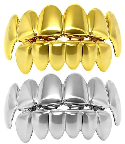 2Pairs Grillz, Grills for Teeth, Gold & Silver Grillz Top & Bottom Set, 18K Gold- Plated Grills, Parties, Proms, Hip-Hop Rapper Costume Accessory for Men and Women