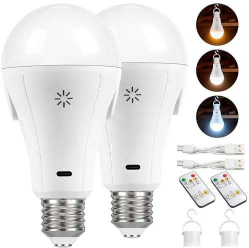 Vanke USB Rechargeable Light Bulb with Remote Control, 3 Color Temperature, E27 LED Dimmable Touch Control Bulbs with Timing Function, 2200mAh Battery Powered, Pack of 2