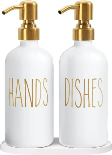 2 Pack Glass Soap Dispenser, Contains Dish Soap and Hand Soap Dispenser - 500 ML Farmhouse Wash liquid Dispenser with Stainless Steel Pump & Tray for Kitchen Bathroom (White Glass+Gold Pump)