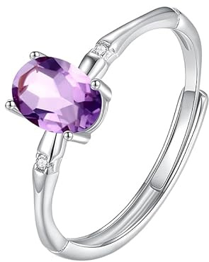 LCDIUDIU 925 Sterling Silver Rings for Women,Oval Cut Natural Topaz Red Ruby Gemstone Ring for Women Stackable Band Adjustable Anniversary Engagement Wedding Promise Band with Her Amethyst
