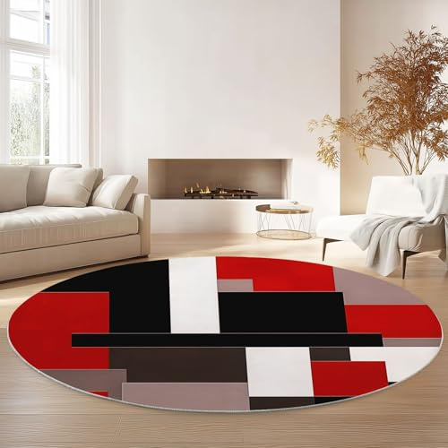 Teppich rund,Outdoor Minimalistisches geometrisches Rot und Schwarz Waschbarer Teppich Rund 150 cm (Round) Rutschfester Kurzflor Carpet Living Room Bedroom Esszimmer Büro Rot Schwarz