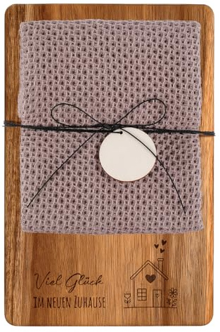 Xuniea Einweihungsgeschenk, Viel Glück im Neuen Zuhause | 23 x 15 cm Holz Frühstücksbrett, Baumwolle Küchentuch, Neues Zuhause Geschenk zum Einzug, Wohnung Geschenk, Richtfestgeschenk
