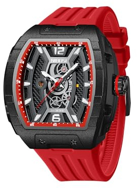 NIBOSI Herren Armbanduhr Quadratische Uhren für Herren Wasserdicht leuchtendes Digital Analog Quarz Armbanduhr Sport Freizeit Silikonarmband (Rot)
