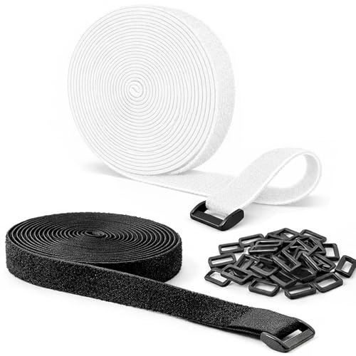 Reusable Hook and Loop Cable Ties Straps Roll, 10m x 20mm Cut-to-Length Adjustable Fastening Tape with 40 Plastic Buckles, Cable Management & Cable Tidy Organiser for Wires, Cords & Leads