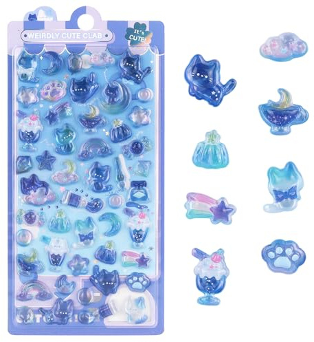 3D Cute Cartoon Blue Cat Puff Stickers - Kawaii Mini Puffy Reusable Stickers for Scrapbooks, Planner, Journals, Laptops, Phone Case Decoration