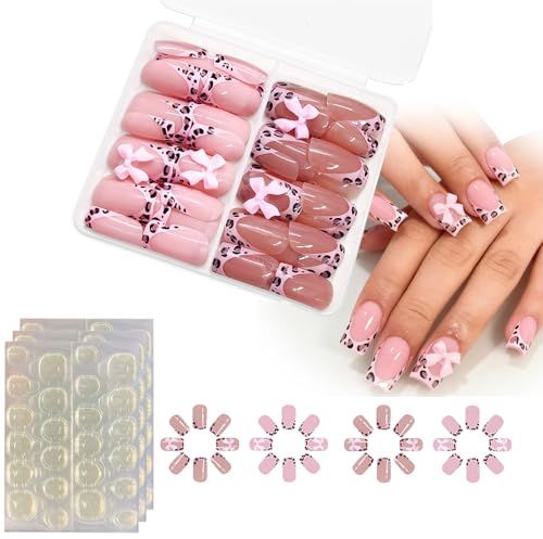 48-Piece Short Square False Nails, Pink French Leopard Print, Bow Tips | ABS Construction, 2 Colourways, Assorted Sizes, Adhesive Tabs And Divided Case, For Home Manicures, Parties And Social Events