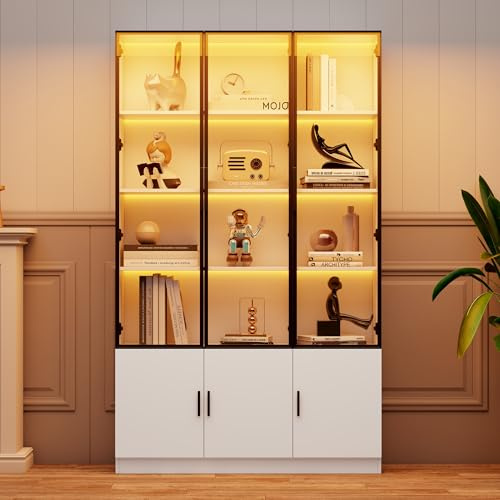 KecDuey Glasvitrine 120 x 32 x 200cm,Hochschrank,Vitrine, Standvitrine mit 6 Schranktüren, Hochschrank, mit LED, Wohnzimmerschrank 120 cm breit, Multifunktionsschrank, Großer Schrank (1)