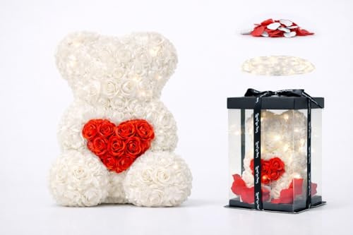 Generico Orso di Rose Eterne 30 CM con Luci LED e Petali – Orso di Fiori Fatto a Mano, Peluche Floreale Regalo Romantico per Moglie, Fidanzata, Compleanno e Festività (Bianco - Cuore Rosso)
