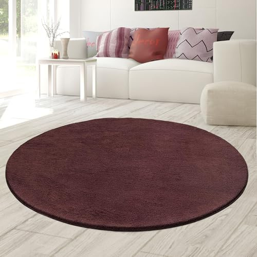 Teppich-Traum Moderner Teppich Rund Waschbar Einfarbig Weinrot Ø 120 cm | Kuschelig und weich, bis 30 °C waschbar, pflegeleicht, rutschfest, formstabil, saugrobotergeeignet, Wohn- & Schlafzimmer