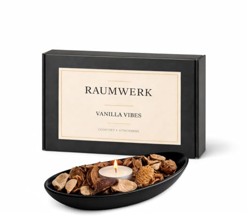 RaumWerk Duft Potpourri Set Vanille mit Schale & 3 Teelichtern – 60g Natürliches Potpourri Duftset – Ovale Dekoschale Schwarz – Raumduft für Wohnzimmer, Badezimmer & Schlafzimmer – Geschenkidee