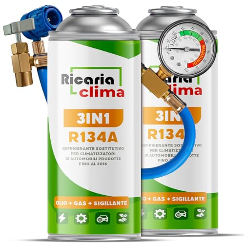 Ricaria Clima - 3en1 Remplaçant Fluide Réfrigérant R134a – 2X 235 g pour Climatisation avec Tuyau, Manomètre et Adaptateur HP/LP – Recharge Climatisation Automobile – ECO