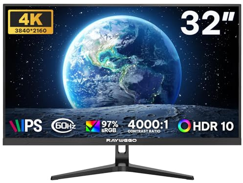 Raywego 32 Inch 4K Office Monitor, 60Hz, HDR10, FreeSync, IPS | 3840x2160 UHD display with 97% sRGB, 1.07 billion colors, low input lag, eye care, HDMI/DP and VESA support