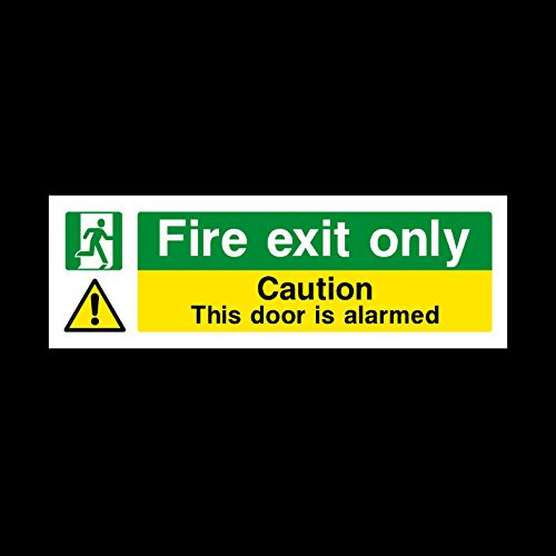 Fire exit only - Caution door alarmed 300x100mm Plastic Sign with double sided fixing tape - Fire/Emergency/Exit/Alarm/Push/Extinguisher/Assembly (EE25)