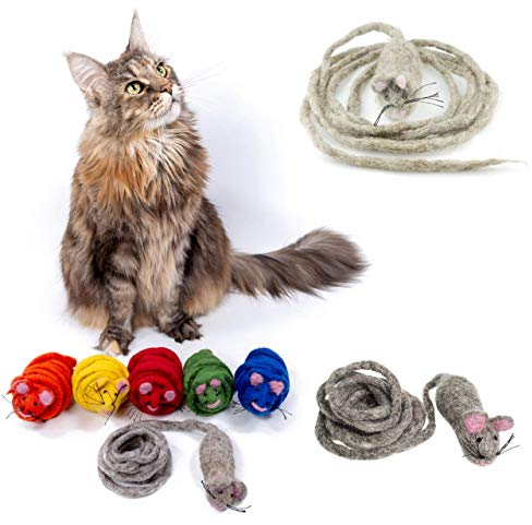 Mimis Daughters Felt Wool Natural Cat Kitten Chew Mouse Scratch Chase Play Toy - Interactive Exercise 2M Long Tail - For Indoor Cats - Unique Handmade Felt Cat Toy ( Brown)