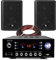 Skytec Black Bookshelf Stereo Speakers & Fenton AV120FM-BT Bluetooth Amplifier Set - Complete Home HiFi Audio System with Wall Mount Brackets, USB, AUX & Cable Kit Included