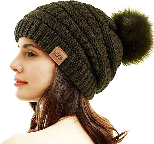 REDESS Damen Winter Pom Pom Beanie Mütze mit warmem Fleece gefüttert, Dicker Slouchy Snow Knit Chunky Baggy Skull Ski Cap