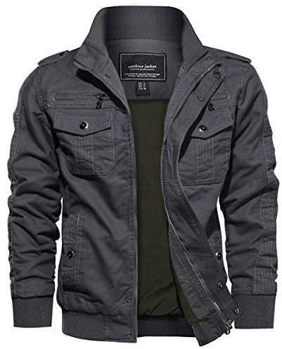 EKLENTSON Übergangsjacke Herren Classic Pilotenjacke Stehkragen Militär Jacke Cargo Full Zip (L, Grau)
