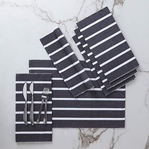 Encasa XO Platzsets Esstisch Set von 6 | Roma graue Streifen | Fein gerippte Baumwoll-Tischunterlage | Größe 48x32 cm | Maschinenwaschbar