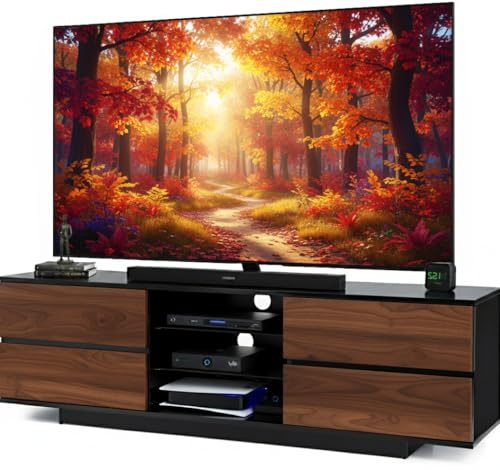 Homeology Avitus Premium High Gloss Black with 4-Walnut Drawers & 3-Shelf 32-65 LED/OLED/LCD TV Cabinet