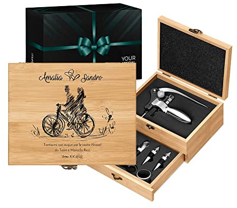 Maverton Accessori da Vino La Dedica - Kit Cavatappi da Vino Personalizzato - Scatola in Legno di bambù + 8 Pezzi di Accessori Vino - Idee Regalo per Anniversario - Bici