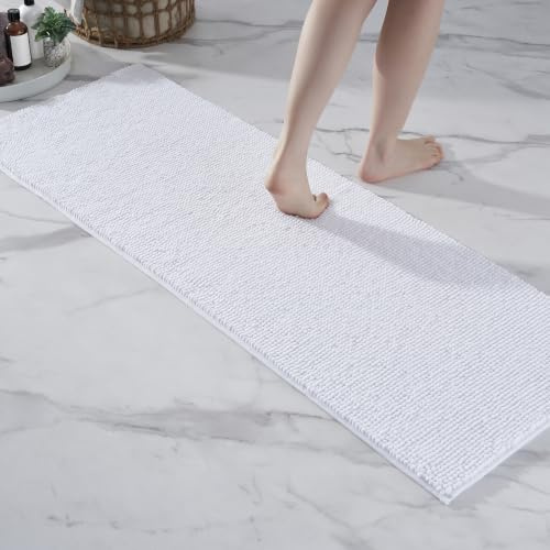 Decomira Badematte rutschfest | Als Badteppich Set kombinierbar | Badezimmer-Teppich Bad-Vorleger waschbar aus Chenille | Duschvorleger für Dusche, Badewannen, WC Deko | Weiss - 50x150 cm