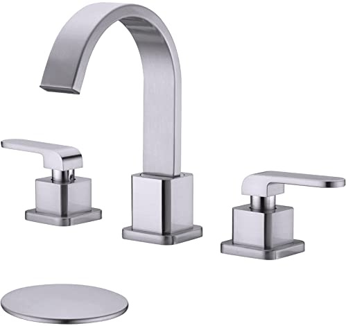 TRUSTMI Grifo de baño de 2 manijas de 8 pulgadas, grifo de lavabo de latón generalizado de 3 piezas con drenaje desplegable de desbordamiento y líneas de suministro de agua cUPC, níquel cepillado