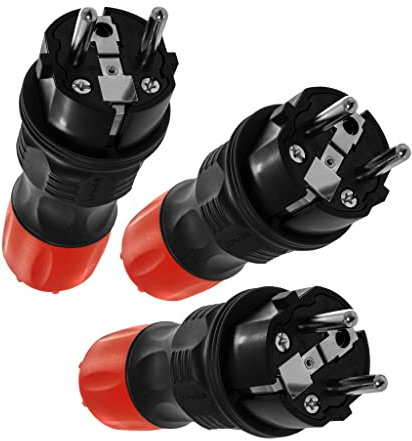 KEL Schutzkontakt Schuko Stecker 3 Stück 250V max. 16 A, IP54 Gummi Flexibler Outdoor 2 Polig Stecker Hermetisch Wasserdicht