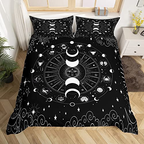 Boho Mandala Bettwäsche Set 200x200cm Sonne und Mond Betten Set Erwachsene Galaxie Konstellation Bettbezug Set Kosmische Astronomie Sternzeichen Schwarz und Weiß Raumdeko mit 2 Kissenbezügen