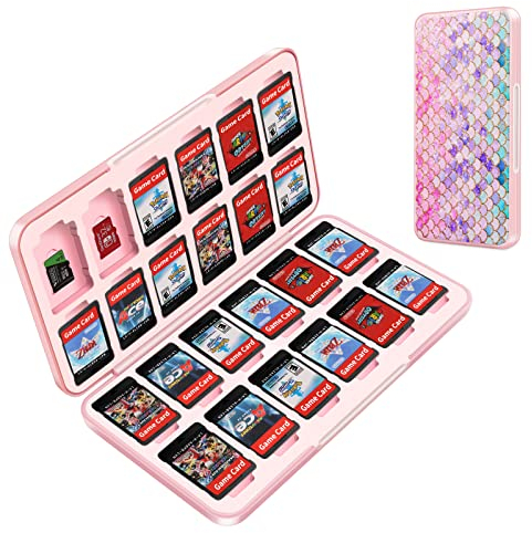 OLDZHU Süßes Rosa Aufbewahrungsbox für Spiele Kompatibel mit Nintendo Switch Game Card,Game Case für Nintendo Switch OLED mit 24 Spielkartenfächer und 24 Micro-SD-Kartenslots,Hartschalen-Weichgummi