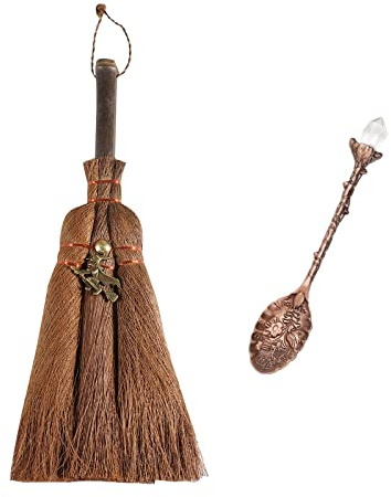 Soulnioi 9.4 Witch Altar Broom Miniature Wicca Brush Mane Broomstick for Magic Ceremonial, Halloween Wiccan Ritual and Retro Coffee Spoons White Crystal Antique Red Alloy Carved Ice Cream Spoons