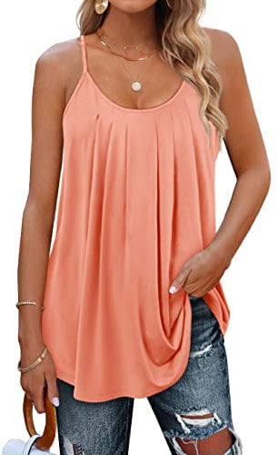 Minetom Damen Spaghetti Top Sommer Locker Tunika Ärmellose Oberteile Spaghettiträger Tank Tops Plissierte Vorderseite Ohne Ärmel Elegant Lose T-Shirt Bluse mit Plissee B Rosa XXL
